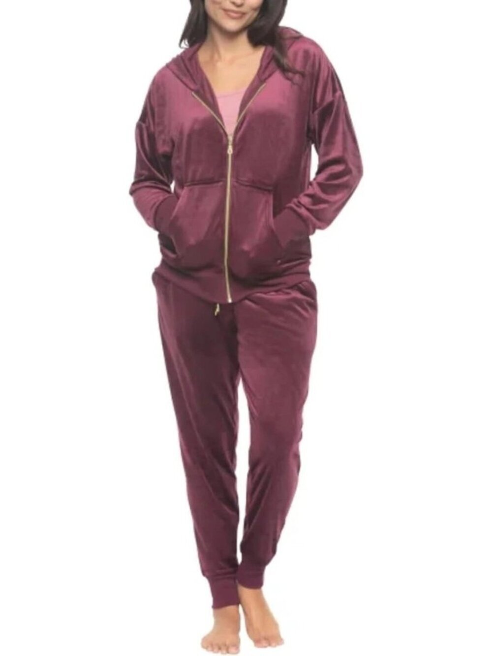 Velour Women's M Track Suit Hoodie & Jogger Set By Felina Burgundy A2533